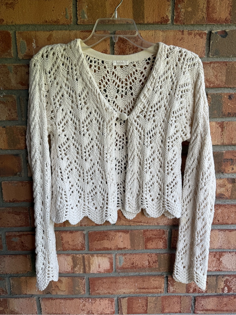 Vintage T.W.H Open Knit Crochet Cardigan Sweater Scalloped Hem Ivory Cottagecore